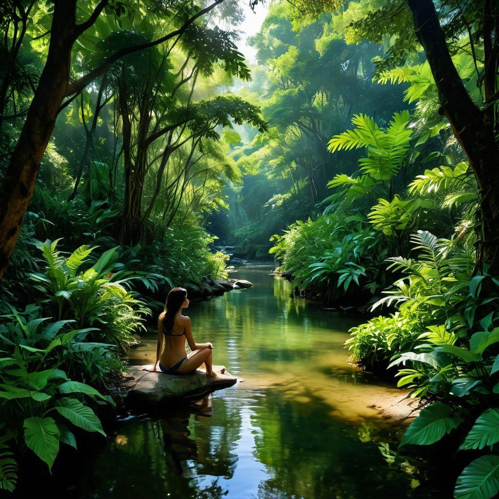 A serene jungle scene enveloped in lush greenery, where people of diverse backgrounds enjoy nature in a clothing-optional setting, radiating peace and wellness. Sunlight filters through the leaves, casting gentle shadows on a meandering stream, while exotic birds can be seen overhead. The atmosphere is tranquil, inviting the viewer to explore the harmony between nature and self-acceptance. painting. vibrant colors. soft focus.